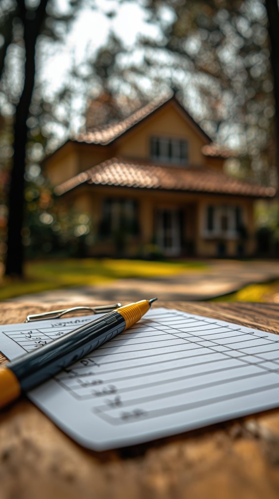 A cozy home exterior with a notepad and pen in focus, perfect for planning or note-taking, surrounded by nature.