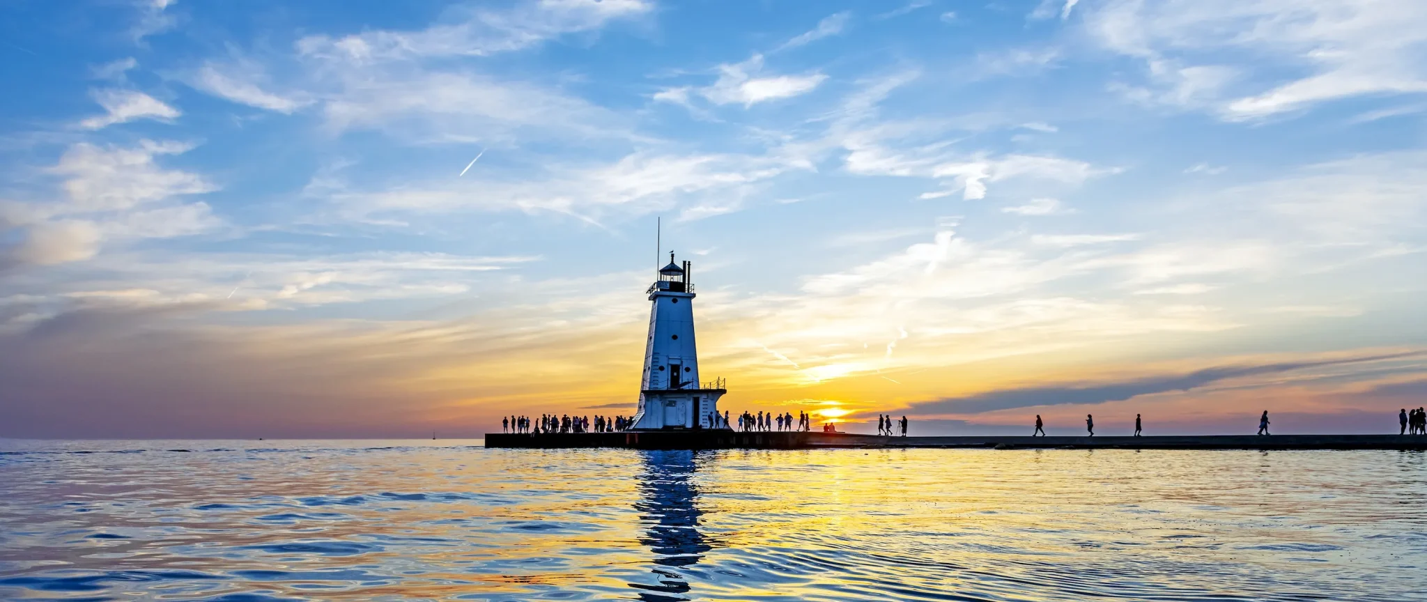 Ludington lighthouse at dusk on Lake Michigan